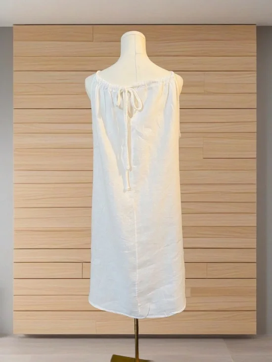 Italian Linen Dress White Sleeveless Tie Back Midi Relaxed Fit Coastal Beach L - Picture 3 of 6